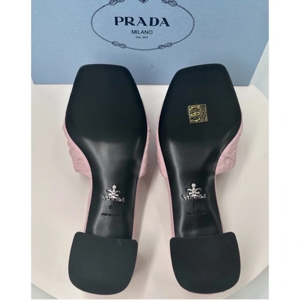 Prada Crinkled Leather Block-Heel Slip on Logo Mules Sandals size 8 Pale Pink